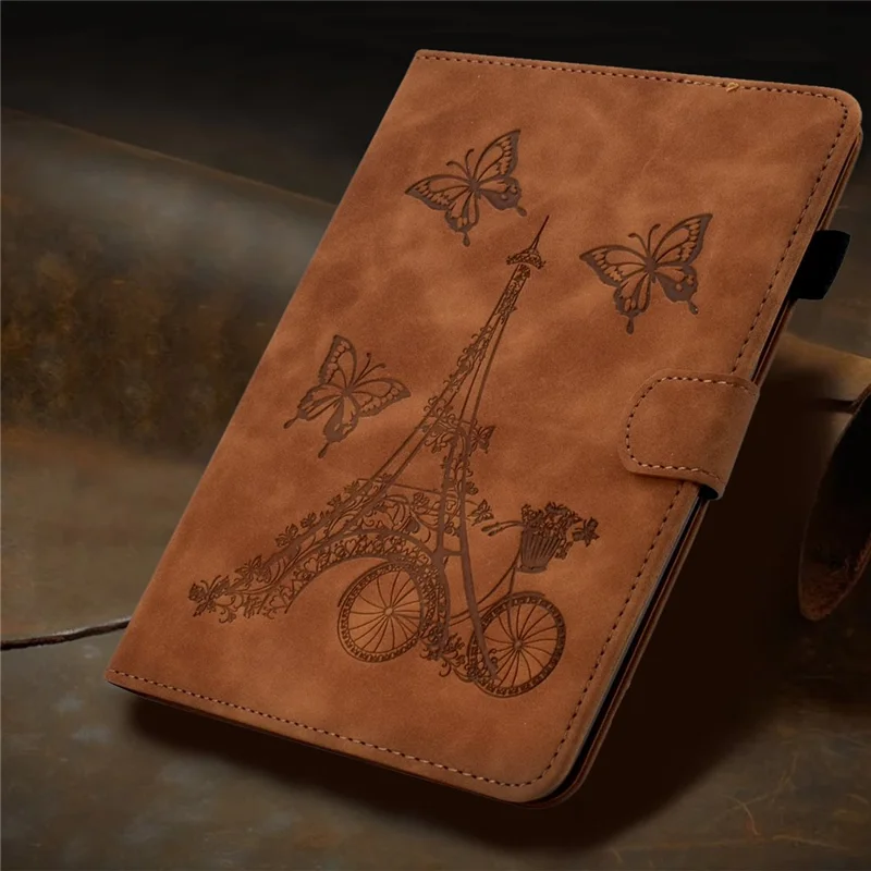 Microfiber Leather Case for Universal 7-inch Tablet, Tower Bike Butterfly Pattern Imprinted Shell Stand Smart Card Holder Protective Tablet Cover - Brown