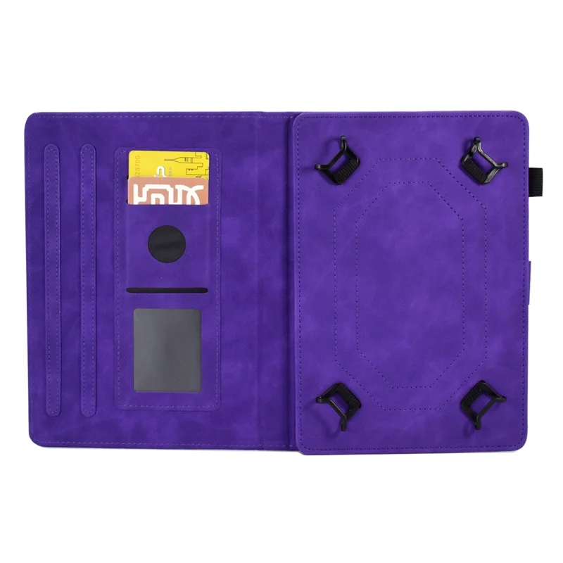 Mikrofiberskindetække til universal 7" tablet, med indpræget tårn-, cykel- og sommerfuglmønster, stander, smartkortholder, beskyttende tabletdeksel - Lilla