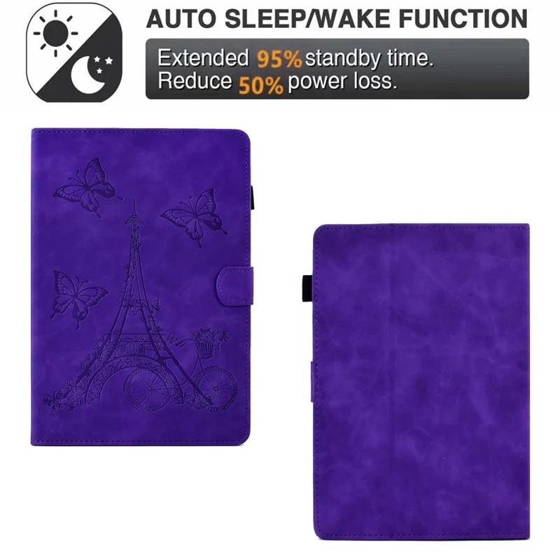 Mikrofiberskindetække til universal 7" tablet, med indpræget tårn-, cykel- og sommerfuglmønster, stander, smartkortholder, beskyttende tabletdeksel - Lilla