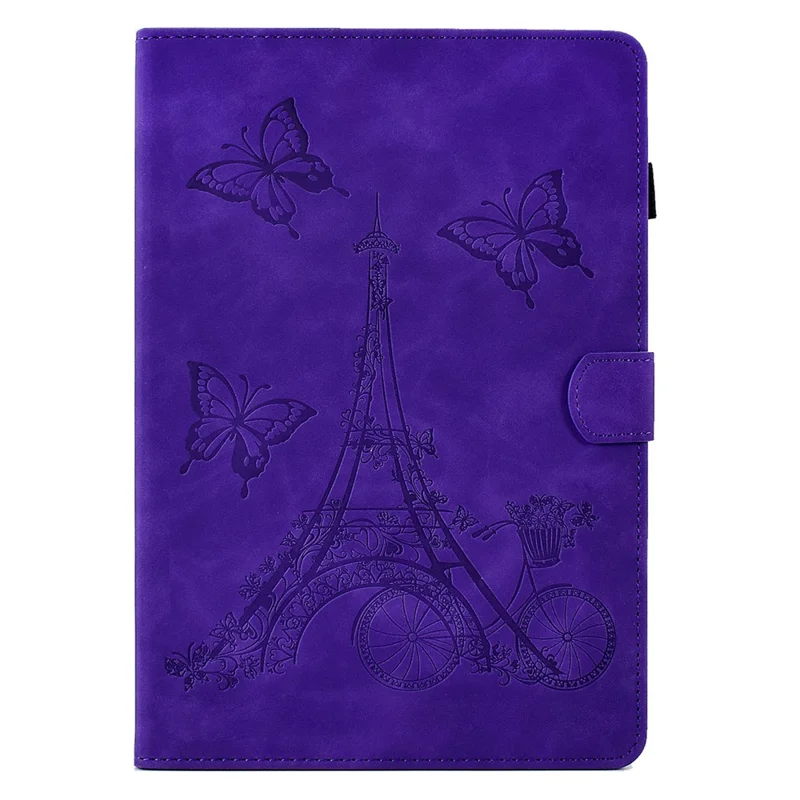 Mikrofiberskindetække til universal 7" tablet, med indpræget tårn-, cykel- og sommerfuglmønster, stander, smartkortholder, beskyttende tabletdeksel - Lilla