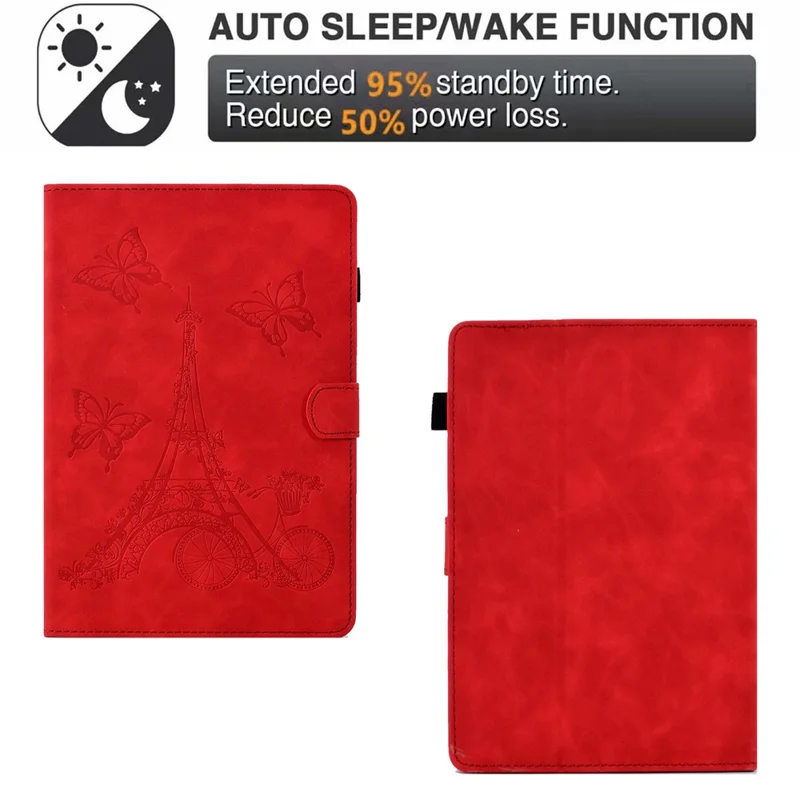 Tower Bike Butterfly Pattern Imprinted Cover for 8-inch Tablet, Microfiber Leather Stand Smart Protective Tablet Case with Card Holder - Red