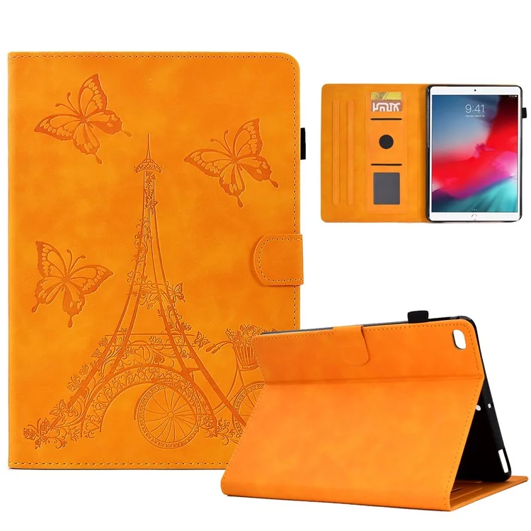 For iPad 10.2 (2021) / (2020) / (2019) / iPad Air 10.5 inch (2019) / iPad Pro 10.5-inch (2017) Microfiber Leather Stand Case Tower Bike Butterfly Pattern Imprinted Card Holder Tablet Cover - Khaki