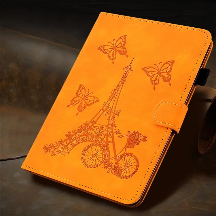 For iPad 10.2 (2021) / (2020) / (2019) / iPad Air 10.5 inch (2019) / iPad Pro 10.5-inch (2017) Microfiber Leather Stand Case Tower Bike Butterfly Pattern Imprinted Card Holder Tablet Cover - Khaki