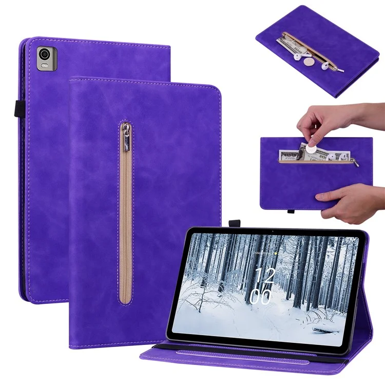 Para Nokia T21 Zipper Pocket PU Leather Case, Elastic Band Closure Stand Card Holder Tablet Cover - Morado