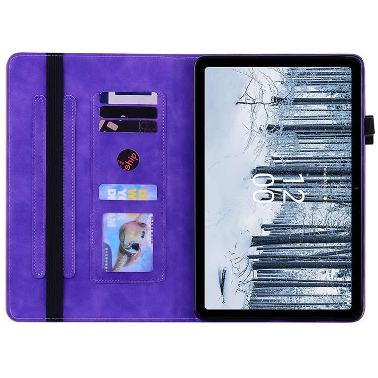 Para Nokia T21 Zipper Pocket PU Leather Case, Elastic Band Closure Stand Card Holder Tablet Cover - Morado
