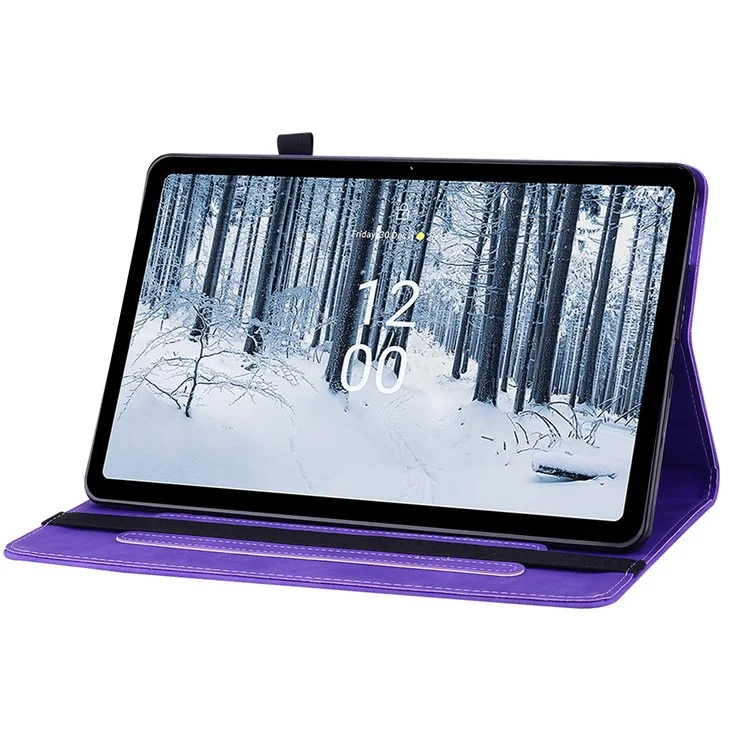 Para Nokia T21 Zipper Pocket PU Leather Case, Elastic Band Closure Stand Card Holder Tablet Cover - Morado