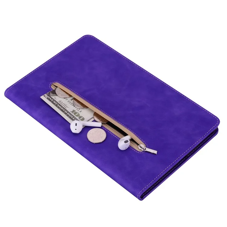 Para Nokia T21 Zipper Pocket PU Leather Case, Elastic Band Closure Stand Card Holder Tablet Cover - Morado