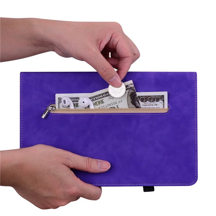 Para Nokia T21 Zipper Pocket PU Leather Case, Elastic Band Closure Stand Card Holder Tablet Cover - Morado