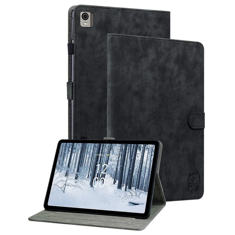Para Nokia T21 PU Leather Shockproof Stand Case Imprinted Cute Tiger Pattern Flip Tablet Cover with Card Holder - Black