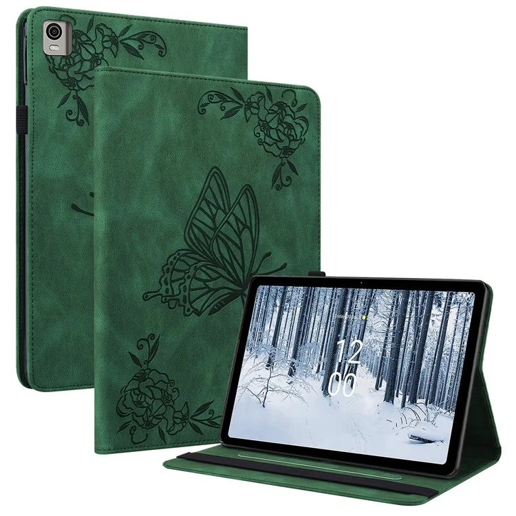 Para Nokia T21 Butterfly Flower Imprinted Flip Cover Scratch Proof PU Leather Card Holder Stand Tablet Case with Pencil Holder - Verde