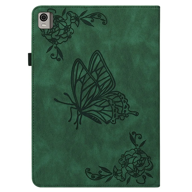 Para Nokia T21 Butterfly Flower Imprinted Flip Cover Scratch Proof PU Leather Card Holder Stand Tablet Case with Pencil Holder - Verde