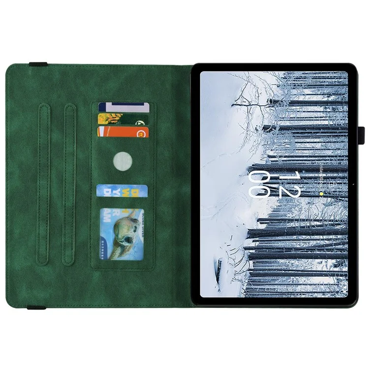 Para Nokia T21 Butterfly Flower Imprinted Flip Cover Scratch Proof PU Leather Card Holder Stand Tablet Case with Pencil Holder - Verde
