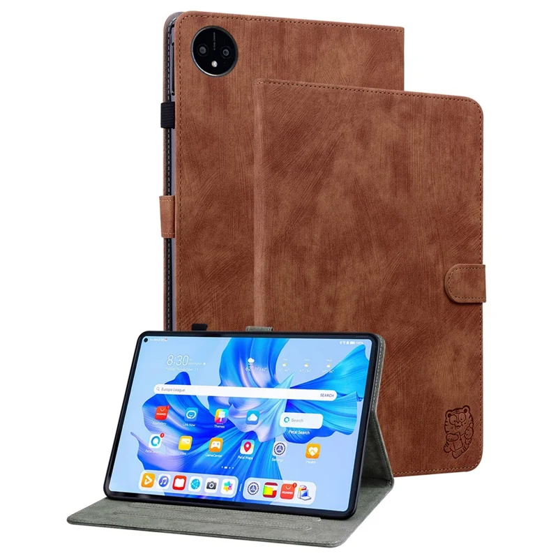 For Huawei MatePad Pro 11 (2022) PU Leather Stand Case Imprinted Cute Tiger Pattern Anti-drop Flip Tablet Cover with Card Holder - Brown
