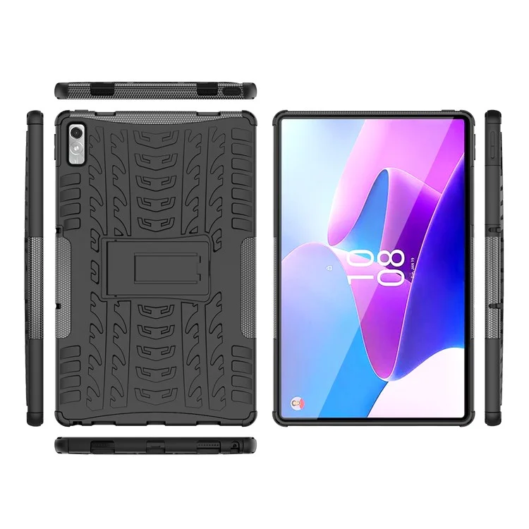 For Lenovo Tab P11 Gen 2 Anti-drop Tablet Case Tire Texture Kickstand Soft TPU Hard PC Protective Tablet Cover - Black