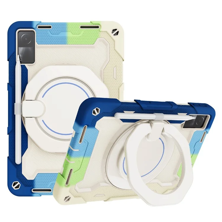 For Xiaomi Redmi Pad 10.6-inch Shock-absorbing Silicone+PC Protective Case Rotating Handle-Kickstand Tablet Cover with Pencil Holder and Shoulder Strap - Colorful Blue