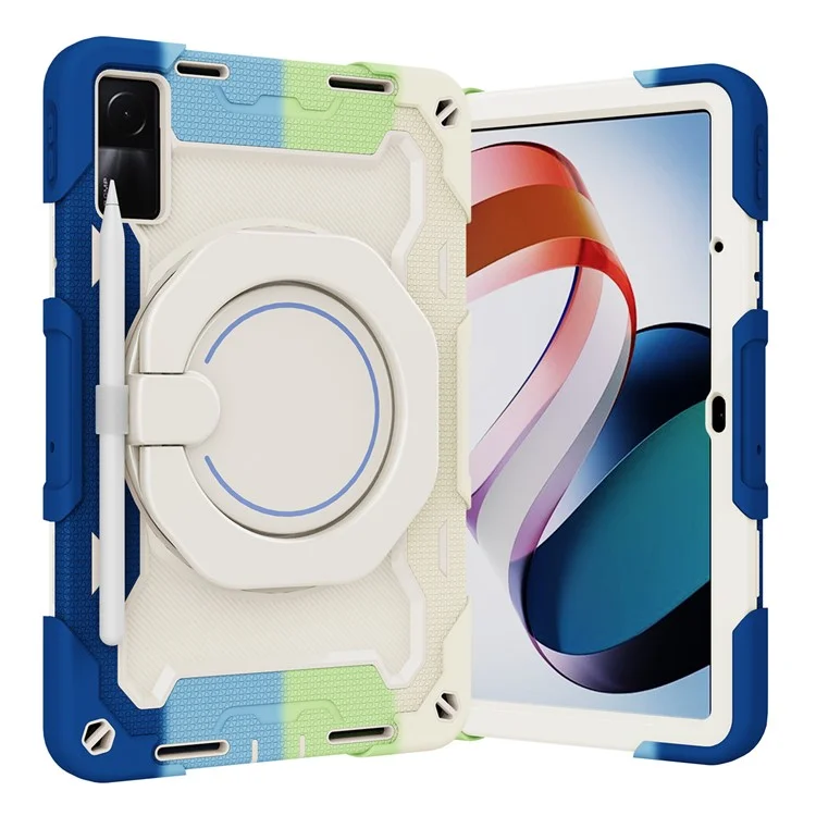 For Xiaomi Redmi Pad 10.6-inch Shock-absorbing Silicone+PC Protective Case Rotating Handle-Kickstand Tablet Cover with Pencil Holder and Shoulder Strap - Colorful Blue