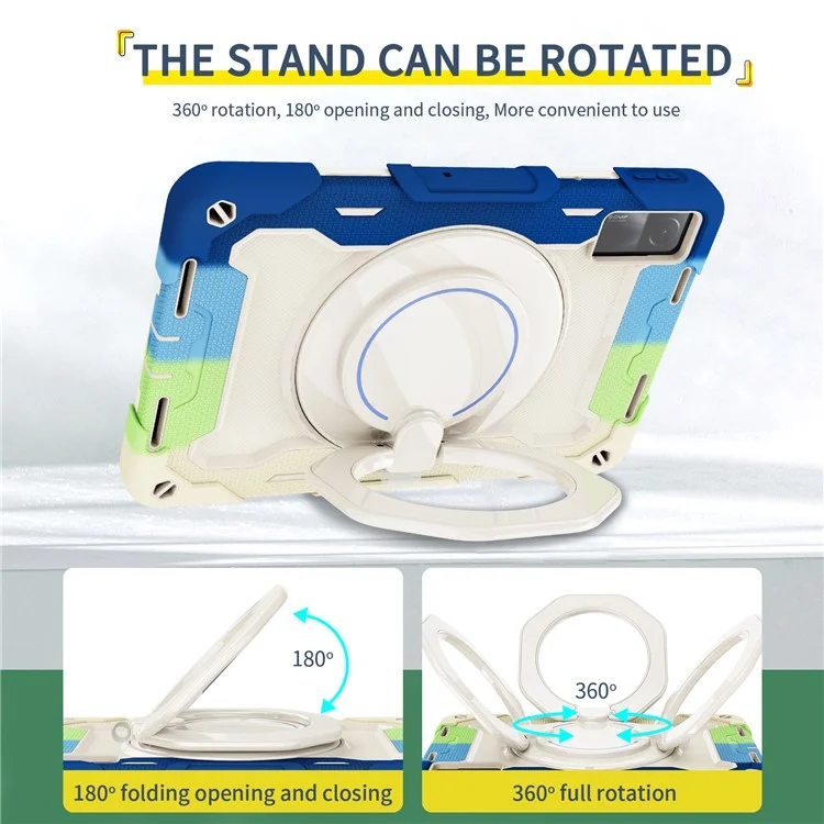 For Xiaomi Redmi Pad 10.6-inch Shock-absorbing Silicone+PC Protective Case Rotating Handle-Kickstand Tablet Cover with Pencil Holder and Shoulder Strap - Colorful Blue