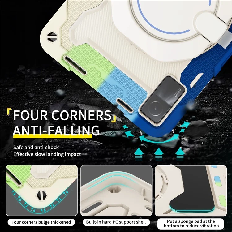 For Xiaomi Redmi Pad 10.6-inch Shock-absorbing Silicone+PC Protective Case Rotating Handle-Kickstand Tablet Cover with Pencil Holder and Shoulder Strap - Colorful Blue