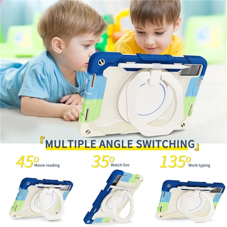 For Xiaomi Redmi Pad 10.6-inch Shock-absorbing Silicone+PC Protective Case Rotating Handle-Kickstand Tablet Cover with Pencil Holder and Shoulder Strap - Colorful Blue