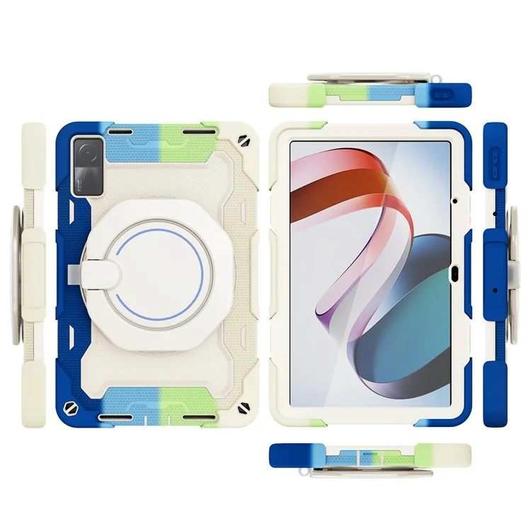 For Xiaomi Redmi Pad 10.6-inch Shock-absorbing Silicone+PC Protective Case Rotating Handle-Kickstand Tablet Cover with Pencil Holder and Shoulder Strap - Colorful Blue