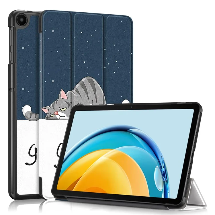 Capa de Couro PU para Huawei MatePad SE 10.4 polegadas, Capa de Tablet com Suporte Dobrável Triplo e Impressão de Padrão - Gato