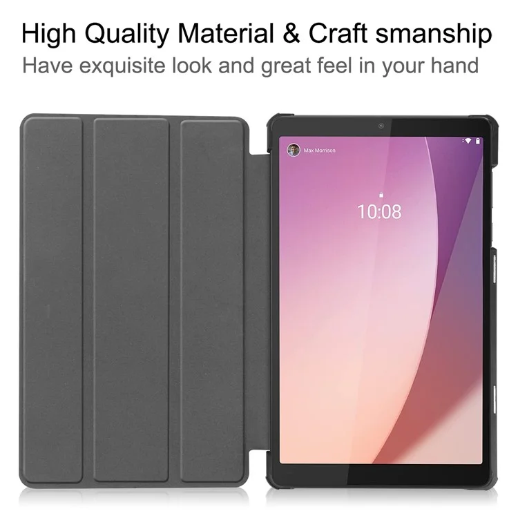 Capa de Tablet de Couro PU para Lenovo Tab M8 (4ª Geração) 2024 TB-301XU / M8 (4ª Geração) 2023 TB-300FU, Suporte Dobrável Tríplo, Capa Protetora de Tablet - Preta