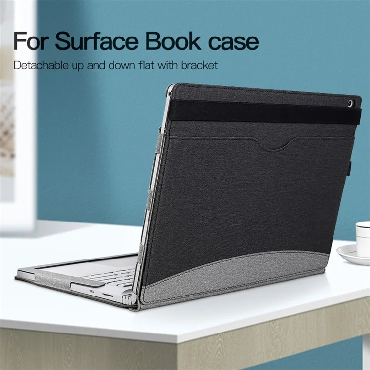 Для Microsoft Surface Book 1 / 2 / 3 13,5-дюймовый деловой кожаный чехол Shockproof Carry Case с съемной подставкой - Черный / Серый