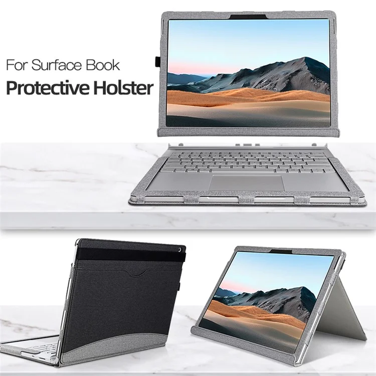 Для Microsoft Surface Book 1 / 2 / 3 13,5-дюймовый деловой кожаный чехол Shockproof Carry Case с съемной подставкой - Черный / Серый