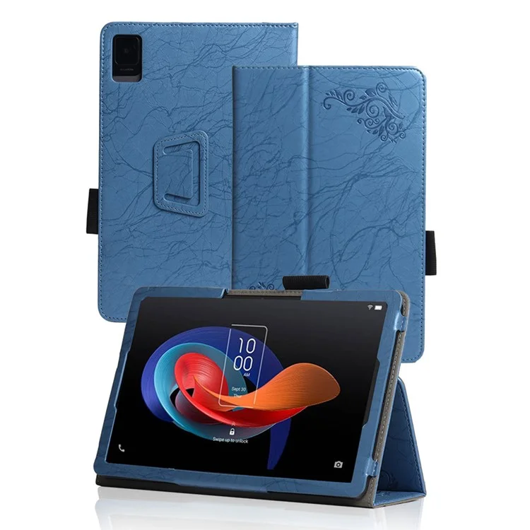 PU Leather Tablet Stand Case for TCL Tab 10L Imprinted Flower Pattern Protective Tablet Cover - Blue