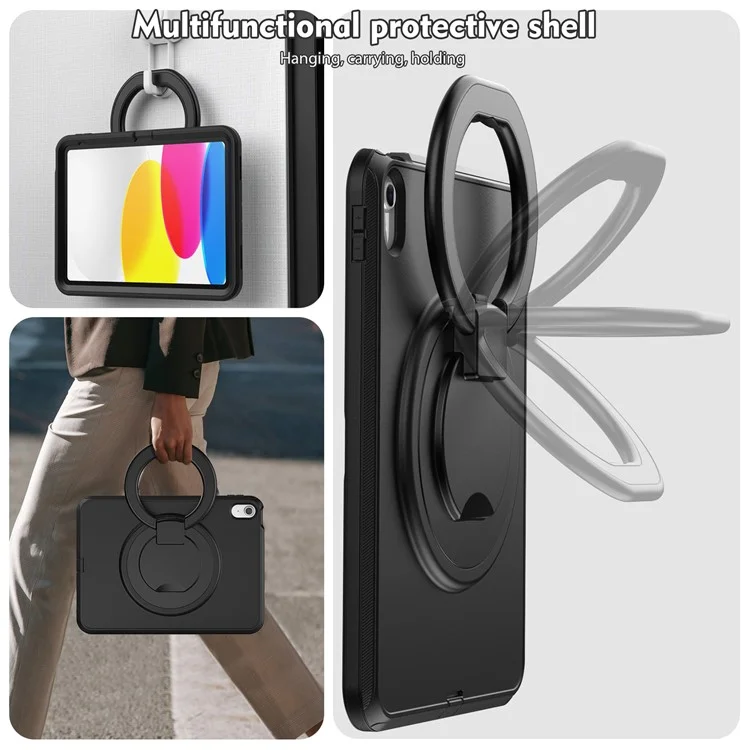 For iPad (2025) / 10.9 (2022) PC + TPU Tablet Case 360-degree Rotating Kickstand Hand Grip Protective Cover - Black