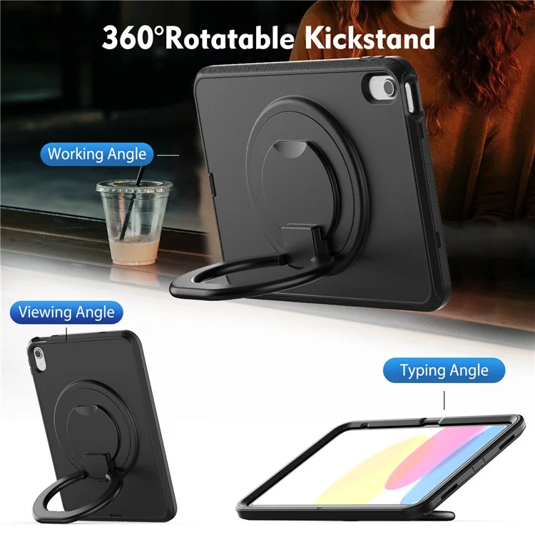 For iPad (2025) / 10.9 (2022) PC + TPU Tablet Case 360-degree Rotating Kickstand Hand Grip Protective Cover - Black