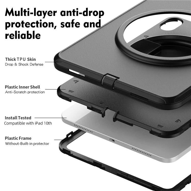 For iPad (2025) / 10.9 (2022) PC + TPU Tablet Case 360-degree Rotating Kickstand Hand Grip Protective Cover - Black