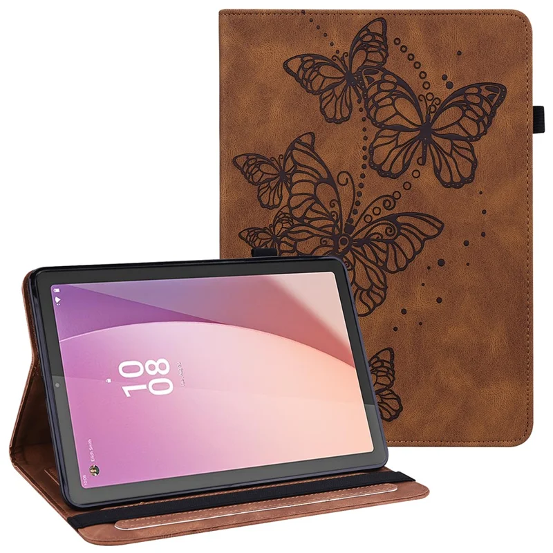 For Lenovo Tab M9 TB-310FU PU Leather Butterfly Imprinted Tablet Stand Cover Card Holder Shockproof Case - Brown
