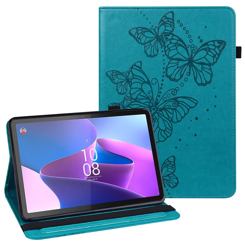 غطاء جراب واقٍ من جلد البولي يوريثان لأندرويد تابلت Lenovo Tab P11 Pro Gen 2 مع حامل ومسند وتصميم فراشة مطبوع وفتحات لوضع البطاقات - أزرق