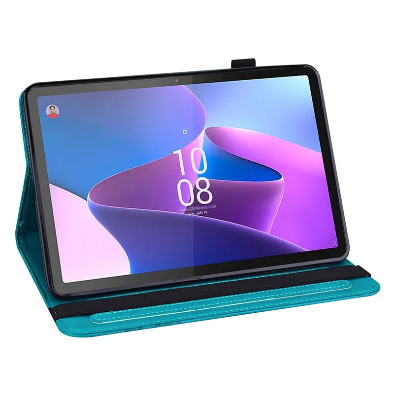 غطاء جراب واقٍ من جلد البولي يوريثان لأندرويد تابلت Lenovo Tab P11 Pro Gen 2 مع حامل ومسند وتصميم فراشة مطبوع وفتحات لوضع البطاقات - أزرق