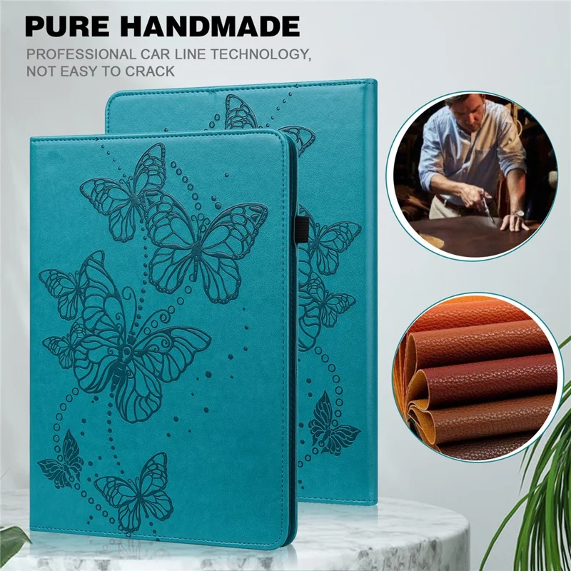 غطاء جراب واقٍ من جلد البولي يوريثان لأندرويد تابلت Lenovo Tab P11 Pro Gen 2 مع حامل ومسند وتصميم فراشة مطبوع وفتحات لوضع البطاقات - أزرق