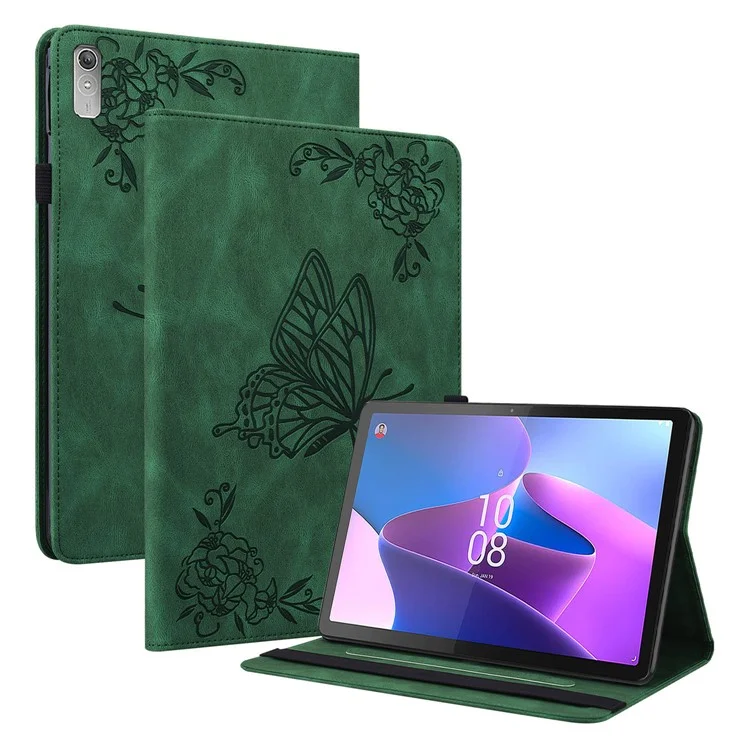 Pour le Lenovo Tab P11 Gen 2 Étui antichoc avec papillon Fleur imprimée Couverture en cuir avec fente pour carte - Vert