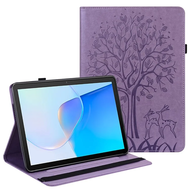 Para Huawei MatePad SE 10.4 polegadas Capa à prova de choque Árvore Cervo Impresso Suporte Capa de Couro com Slots para Cartões - Roxo