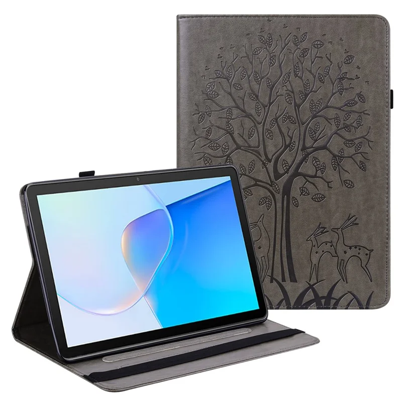 For Huawei MatePad SE 10.4-inch Shockproof Case Tree Deer Imprinted Stand Leather Cover with Card Slots - Grey