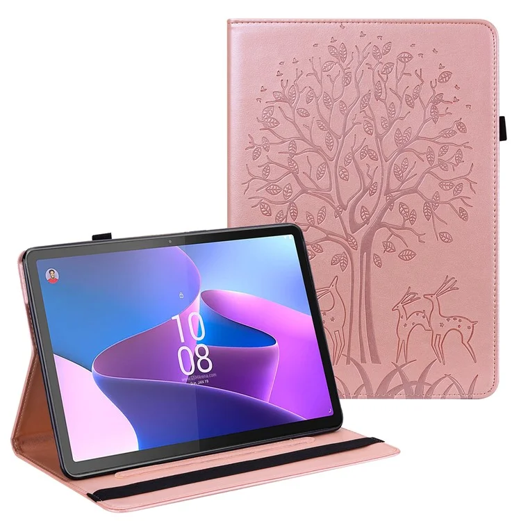 Étui en cuir PU pour Lenovo Tab P11 Gen 2 Étui de protection avec motif arbre et cerf Étui avec support et fentes pour cartes - Or rose
