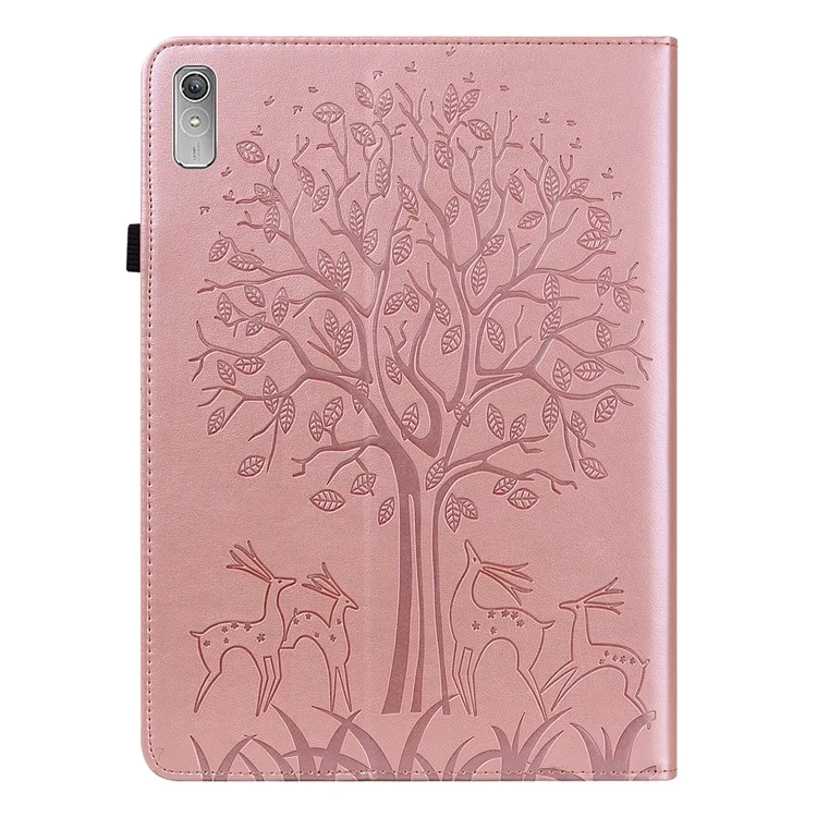 Étui en cuir PU pour Lenovo Tab P11 Gen 2 Étui de protection avec motif arbre et cerf Étui avec support et fentes pour cartes - Or rose