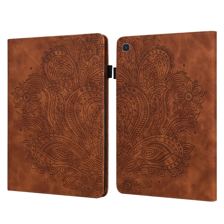 For Samsung Galaxy Tab S5e SM-T720 PU Leather Stand Tablet Case Flower Imprinting Card Holder Protection Cover - Brown