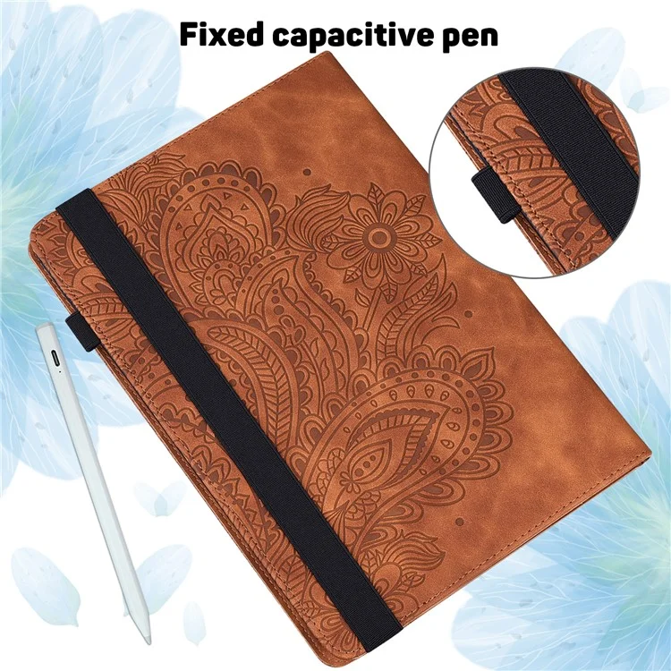 Para Samsung Galaxy Tab S5e SM-T720 Capa de Tablet em Couro PU com Suporte, Proteção de Cartão e Estampado de Flor - Marrom