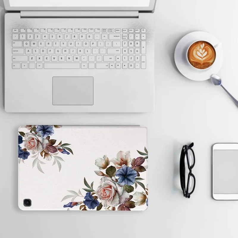For Samsung Galaxy Tab A7 Lite 8.7-inch Shockproof Case with Stand Flower Pattern Printed PU Leather Cover - White Flower Bush