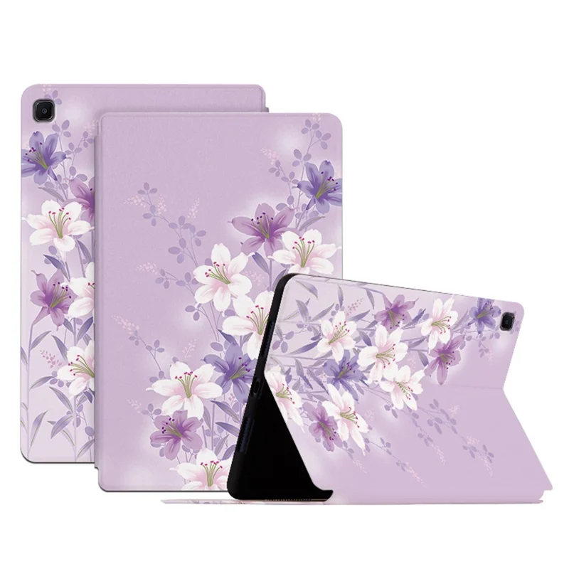 For Samsung Galaxy Tab A7 Lite 8.7-inch Shockproof Case with Stand Flower Pattern Printed PU Leather Cover - Purple Magnolia