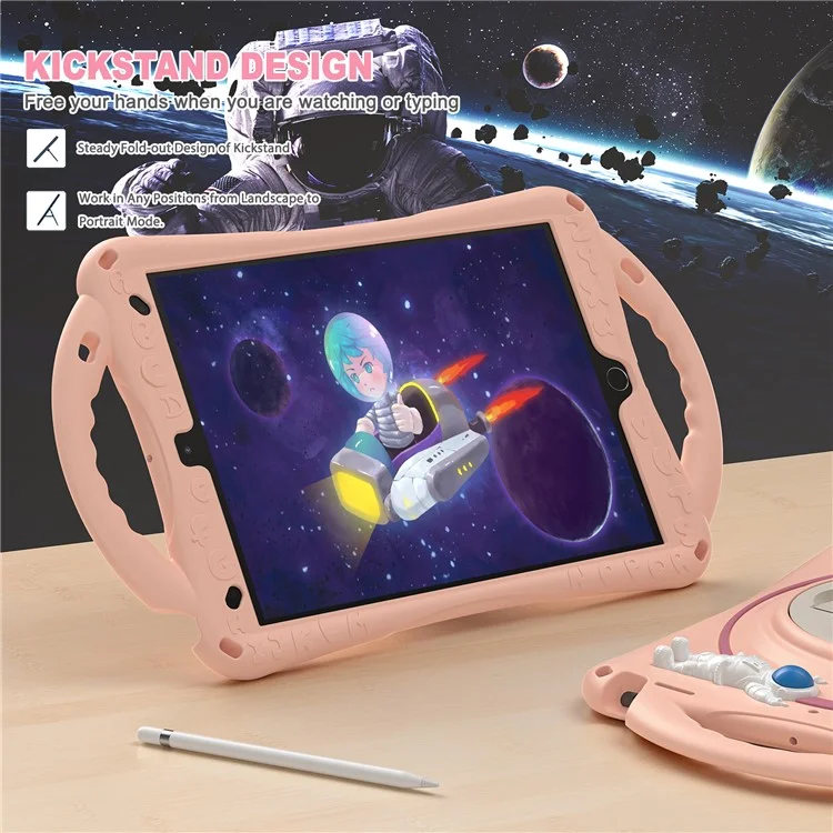 For iPad Pro 10.5-inch (2017) / iPad Air 10.5 inch (2019) / iPad 10.2 (2021) / (2020) / (2019) Kickstand Tablet Case PC+Silicone Astronaut Cute Hand Strap Cover - Pink