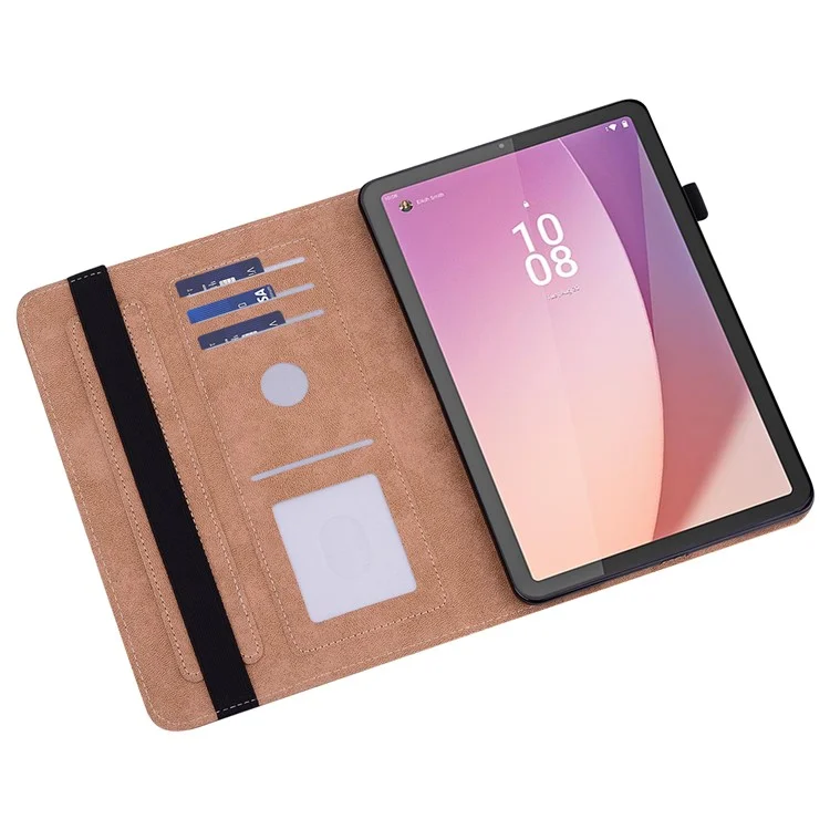 Flip Book Stand Cover for Lenovo Tab M9 , PU Leather Line Imprinted Tablet Case with Card Slots - Black