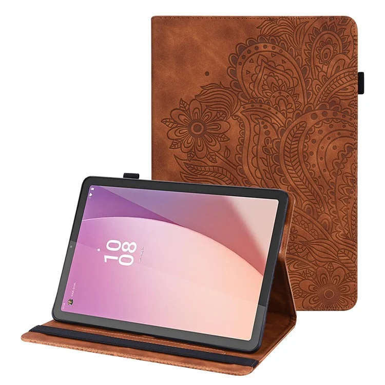 Флип ПУ кожаный чехол с цветочным тиснением для Lenovo Tab M9, подставка для карт - коричневый