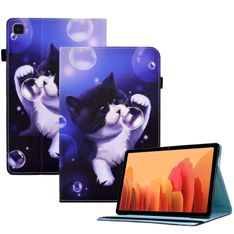 Funda con soporte y banda elástica de piel sintética con tarjetero para Samsung Galaxy Tab A7 10.4 (2020) / (2022) T500 / T505 - Pompón y Gato