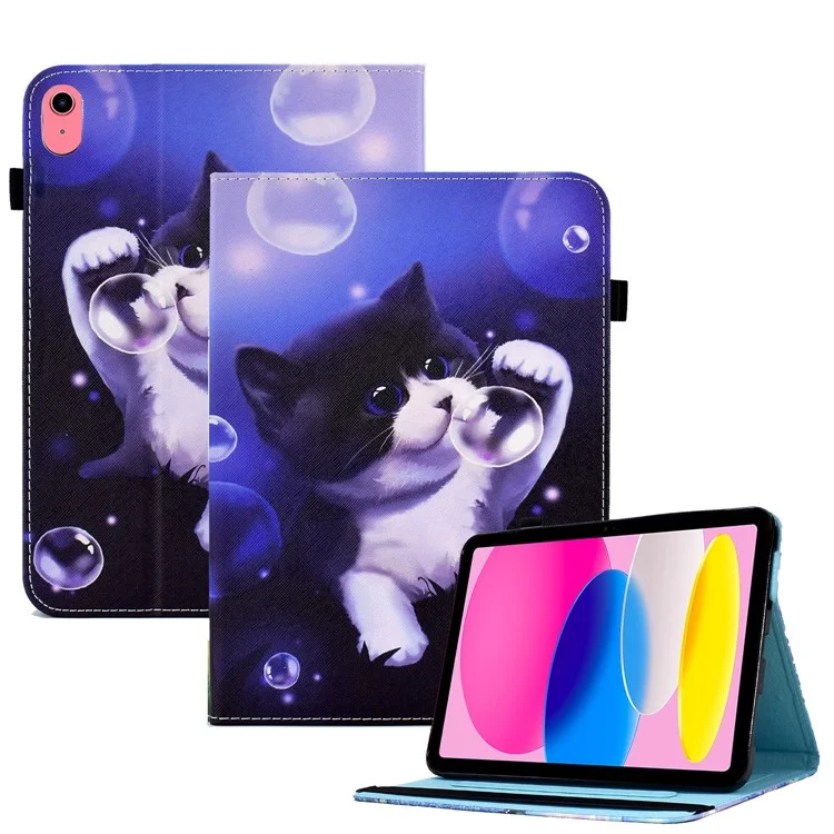 Pour iPad 10.9 (2022) PU Leather Folding Stand Cover Pattern Printing Elastic Band Tablet Case with Card Holder - Bubble and Cat